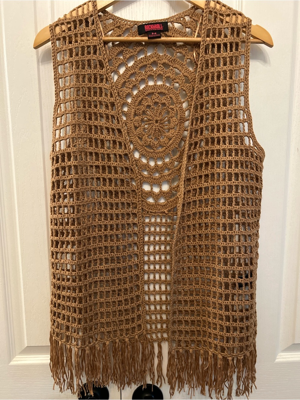 Rock & Roll Denim Crochet Fringe Vest Camel Boho Western M